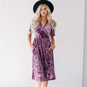 Purple Crushed Velvet V-Neck Dress With Pockets